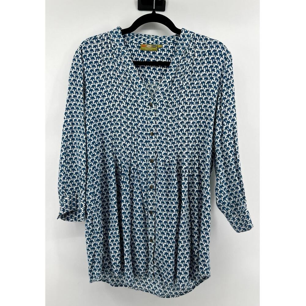 Rock Flower Paper Women's Pintuck Button Down Size M Novalty Print White Blue